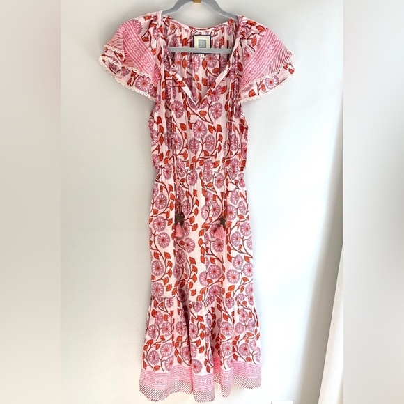 BELL by Alicia Bell Flutter Sleeve Midi Dress in Pink Orange Block, Small - Picture 7 of 8